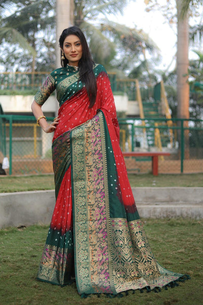 Flattering  Bandhej Kanjivaram Silk Red Color Saree  women's fashion mart