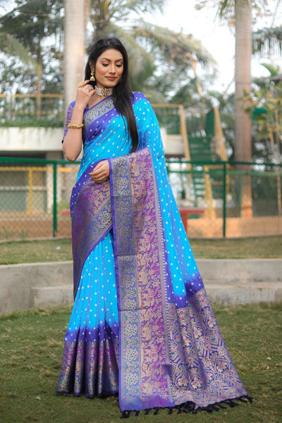 Flattering  Bandhej Kanjivaram Silk Sky Blue Color Saree  women's fashion mart