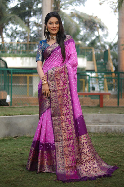 Flattering Bandhej Kanjivaram Silk Rani Pink Color Saree  women's fashion mart