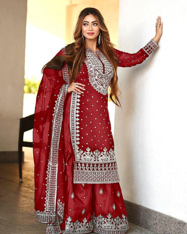 Decent Embroidery Sequence Work Red Color Sharara Suit