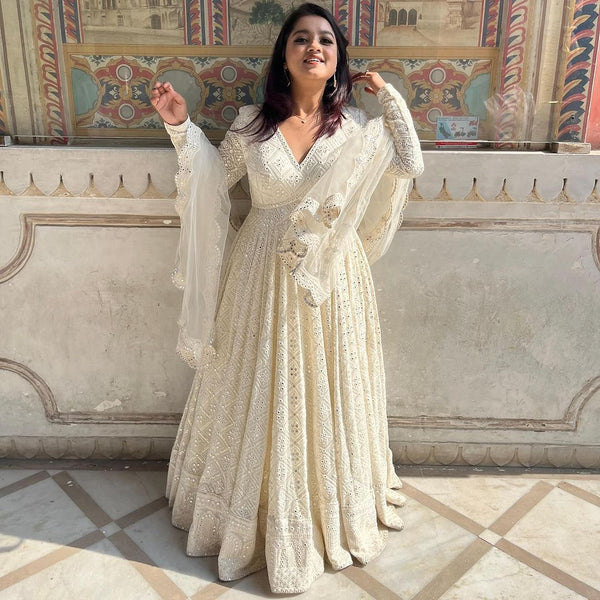 Outstanding Embroidery Sequence Work White Long Anarkali Gown -DesignerGown M women's fashion mart