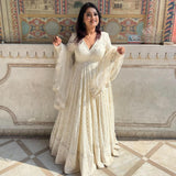 Outstanding Embroidery Sequence Work White Long Anarkali Gown -DesignerGown M women's fashion mart