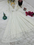 Outstanding Embroidery Sequence Work White Long Anarkali Gown -DesignerGown M women's fashion mart