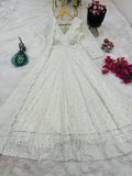 Outstanding Embroidery Sequence Work White Long Anarkali Gown -DesignerGown M women's fashion mart