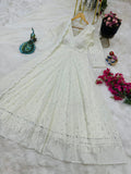 Outstanding Embroidery Sequence Work White Long Anarkali Gown -DesignerGown M women's fashion mart