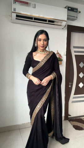 Glimmering Embroidery Work Black Color Ready To Wear Saree  women's fashion mart