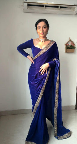 Glimmering Embroidery Work Blue Color Ready To Wear Saree  women's fashion mart