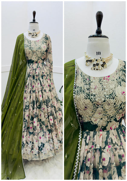 Fabulous Multi Printed Gown With Mehendi Green Dupatta  women's fashion mart