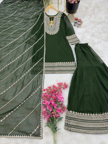 Glorious Coding Sequence Embroidery Green Color Sharara Suit  women's fashion mart