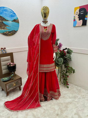 Glorious Coding Sequence Embroidery Red Color Sharara Suit  women's fashion mart