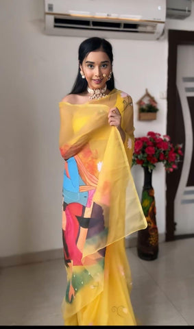 Awesome Yellow Color Radha Krishna Design Ready To Wear Saree  women's fashion mart