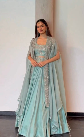 Indowestern Style Sky Blue Color Lehenga Choli With Shrug -DesignerLehenga Default Title women's fashion mart
