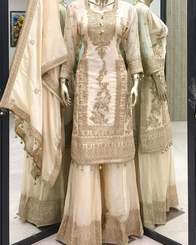 Shining Sequence Work Eid Special White Sharara Suit -ShararaSuit M women's fashion mart