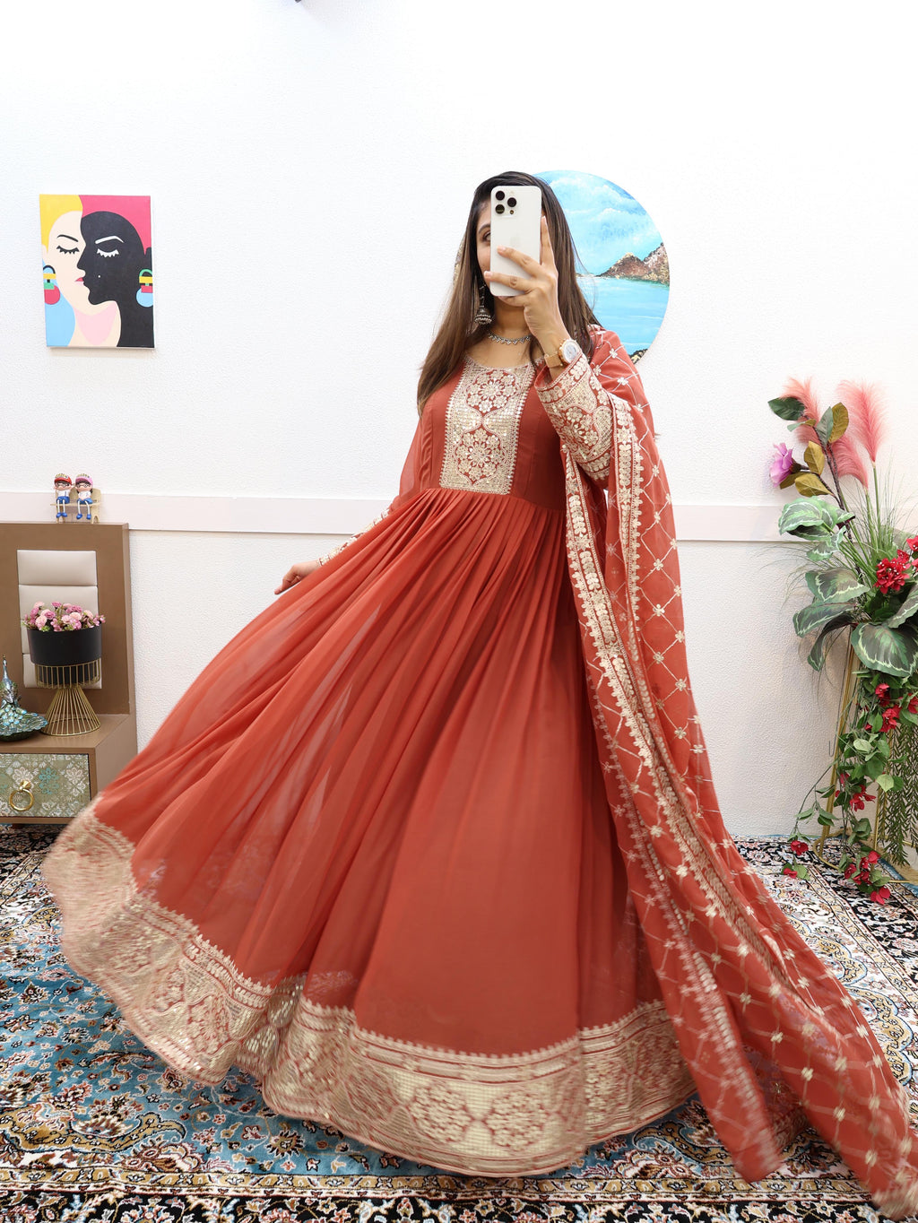Mesmerizing Sequence Work Orange Color Gown