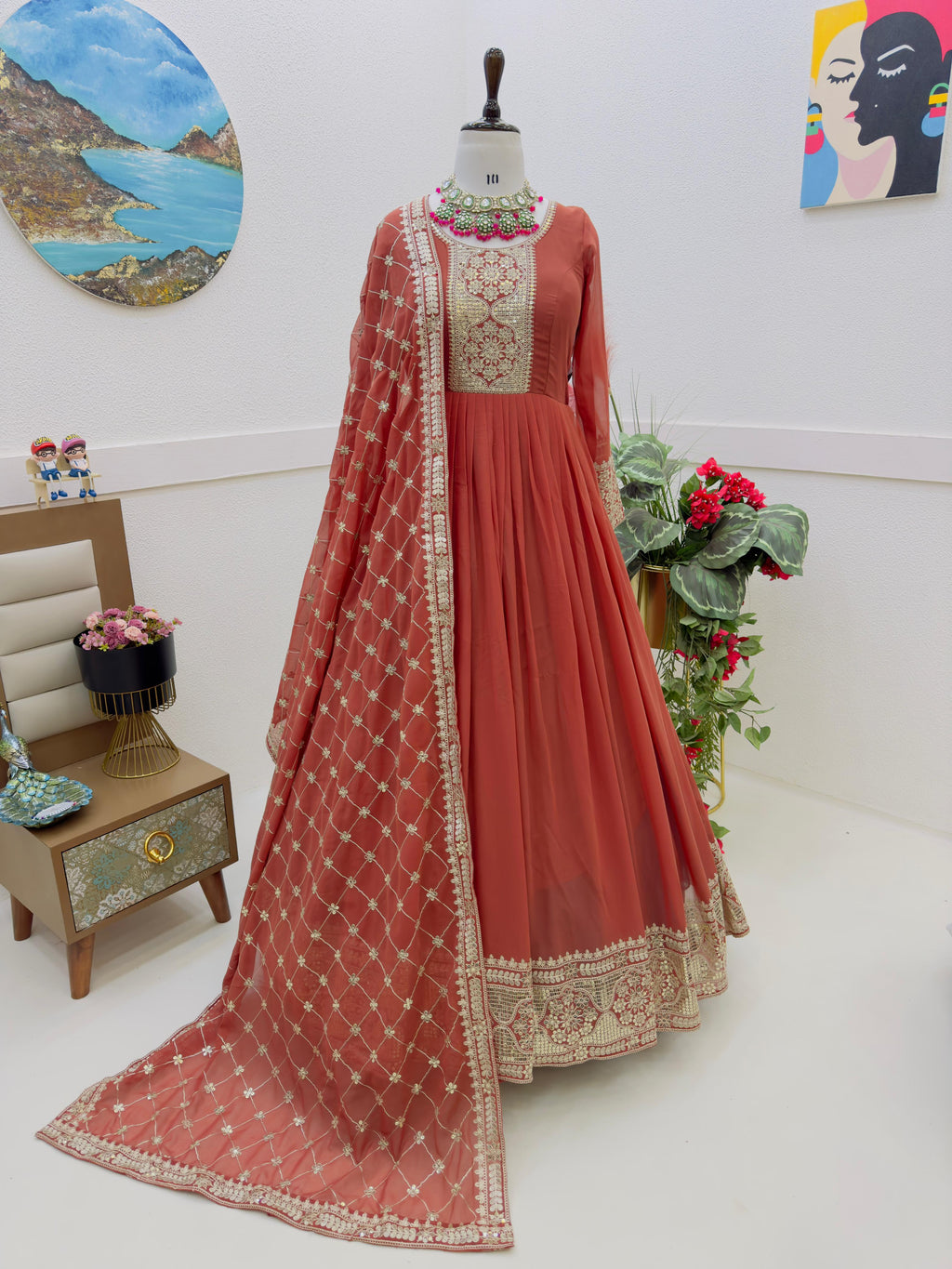 Mesmerizing Sequence Work Orange Color Gown