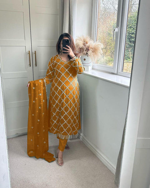 Exclusive Sequences Embroidery Work Mustard Color Anarkali Suit