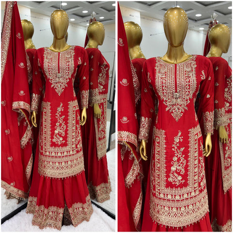 Mesmerizing  Embroidery Work Red Color Sharara Suit