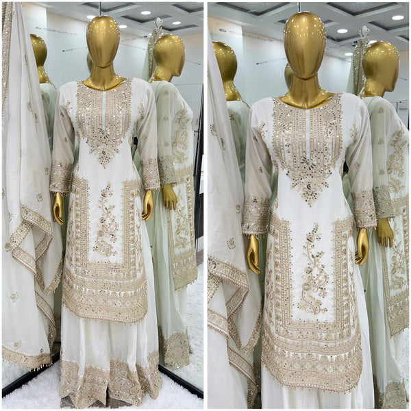 Mesmerizing  Embroidery Work White Color Sharara Suit