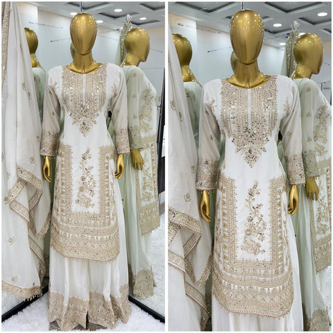Mesmerizing  Embroidery Work White Color Sharara Suit