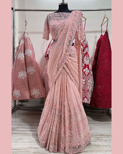 Fashionable Thred & Sequence Peach Color Saree -saree free / pink women's fashion mart