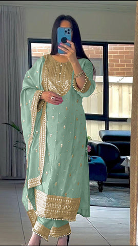 Superb Pista Color Chinnon Silk Embroidery Salwar Suit