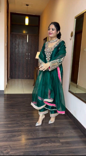 Lovely Embroidery Work Green Color Vichitra Silk Palazzo Suit
