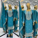 Superb Blue Color Chinnon Silk Embroidery Salwar Suit