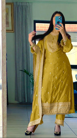 Superb Yellow Color Chinnon Silk Embroidery Salwar Suit
