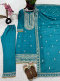 Superb Blue Color Chinnon Silk Embroidery Salwar Suit