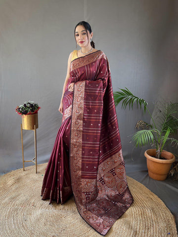 Charming Copper Zari Weaving Maroon Color Silk Saree