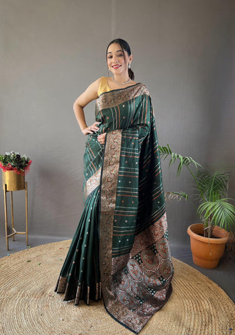 Charming Copper Zari Weaving Green Color Silk Saree