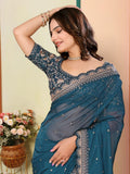 Wonderful Embroidery Work Taby Silk Blue Color Saree -saree FREE SIZE / BLUE women's fashion mart