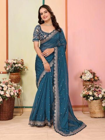 Wonderful Embroidery Work Taby Silk Blue Color Saree -saree FREE SIZE / BLUE women's fashion mart