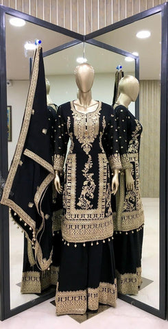 Mesmerizing  Embroidery Work Black Color Sharara Suit