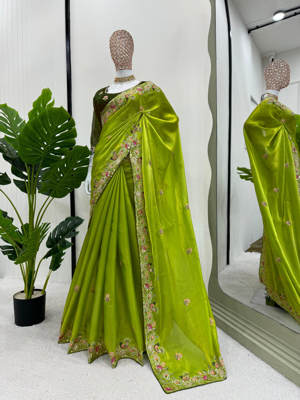 Presenting Green Color Heavy Sequence Work Saree