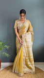 Rich Golden Colour Pearl Handwork Saree With Blouse -Silk Saree Gold women's fashion mart