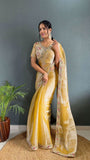 Rich Golden Colour Pearl Handwork Saree With Blouse -Silk Saree Gold women's fashion mart