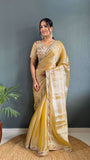 Rich Golden Colour Pearl Handwork Saree With Blouse -Silk Saree Gold women's fashion mart