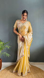 Rich Golden Colour Pearl Handwork Saree With Blouse -Silk Saree Gold women's fashion mart