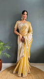 Rich Golden Colour Pearl Handwork Saree With Blouse -Silk Saree Gold women's fashion mart