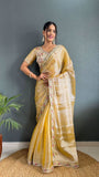 Rich Golden Colour Pearl Handwork Saree With Blouse -Silk Saree Gold women's fashion mart