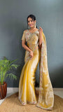Rich Golden Colour Pearl Handwork Saree With Blouse -Silk Saree Gold women's fashion mart