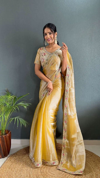 Rich Golden Colour Pearl Handwork Saree With Blouse -Silk Saree Gold women's fashion mart