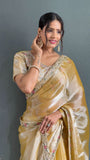 Rich Golden Colour Pearl Handwork Saree With Blouse -Silk Saree Gold women's fashion mart