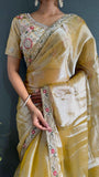 Rich Golden Colour Pearl Handwork Saree With Blouse -Silk Saree Gold women's fashion mart