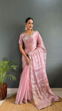 Blush Pink Colour Pearl Handwork Saree With Blouse -Silk Saree Pink women's fashion mart