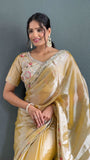 Rich Golden Colour Pearl Handwork Saree With Blouse -Silk Saree Gold women's fashion mart
