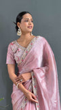 Blush Pink Colour Pearl Handwork Saree With Blouse -Silk Saree Pink women's fashion mart