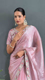 Blush Pink Colour Pearl Handwork Saree With Blouse -Silk Saree Pink women's fashion mart