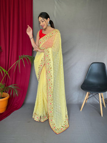 Occasion Wear SEQUENCE WORK Yellow Color Saree